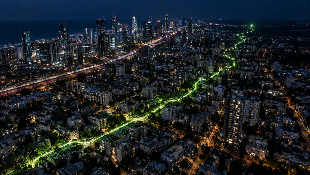 מבט אווירי על גוש דן בלילה, ושביל אור ירוק מסמן מסלול משלוח בין הרחובות